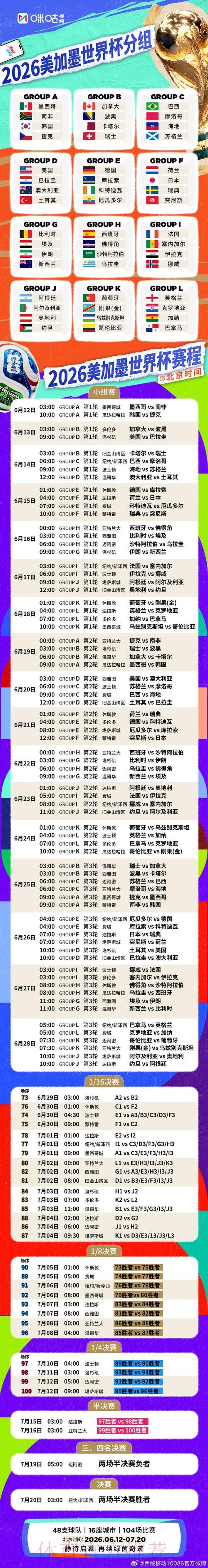 2026年足球世界杯赛程揭晓